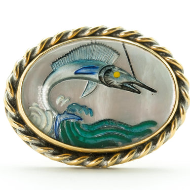 Vintage 14 Karat Yellow Gold Marlin Reverse Painting Intaglio Crystal Brooch Pin