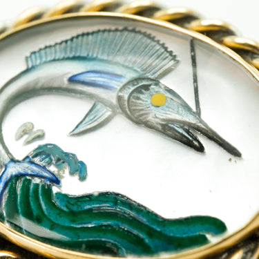 Vintage 14 Karat Yellow Gold Marlin Reverse Painting Intaglio Crystal Brooch Pin