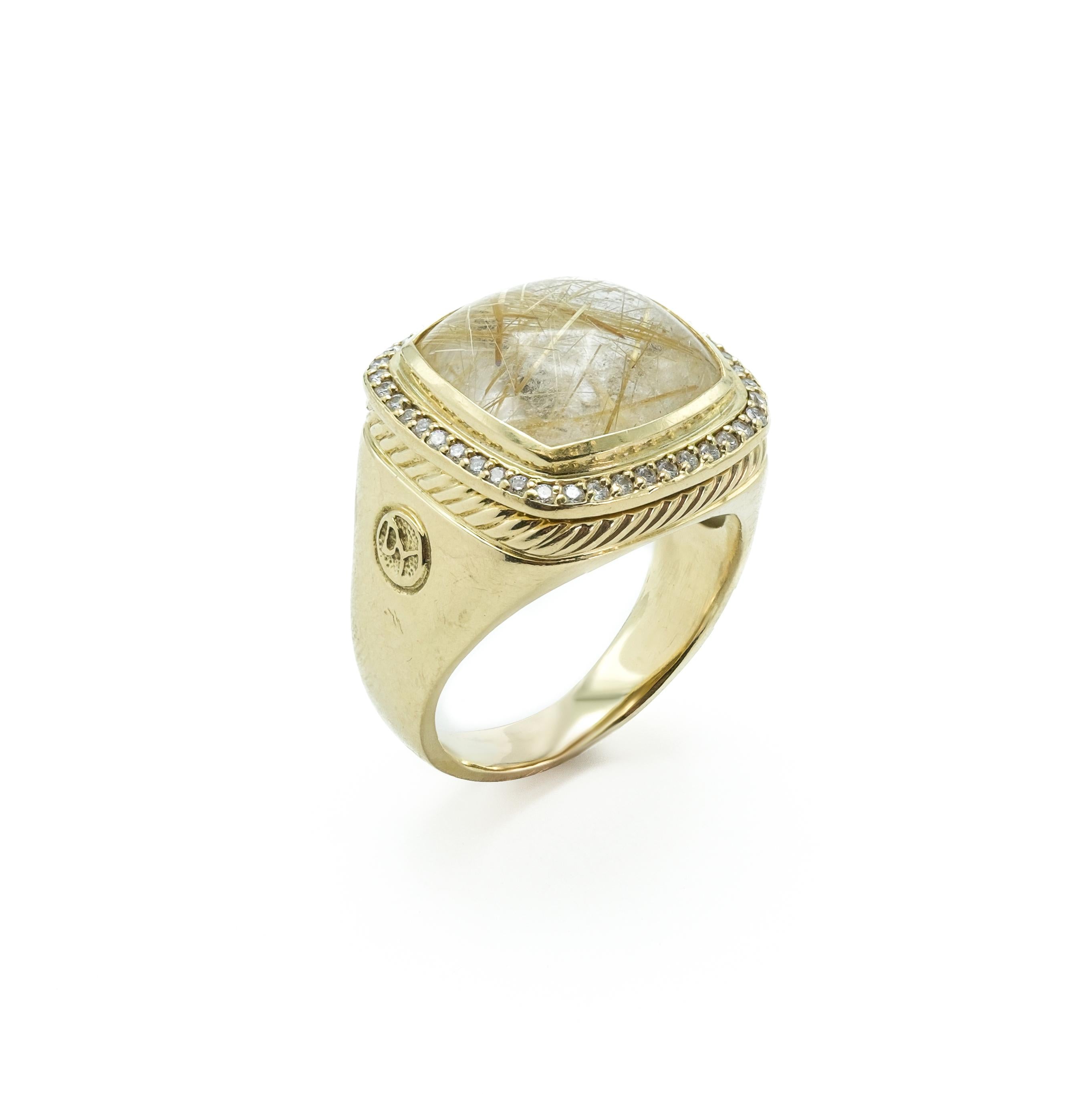 David Yurman Cushion Cut Rutilated Quartz and Diamond 18 Karat Yellow Gold Ring
