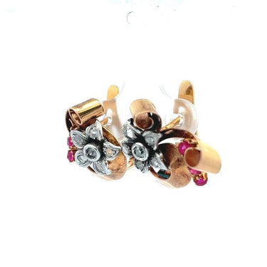 French 20th Century Retro 18 Karat Rose Gold With Rose Cut Diamonds and Rubies