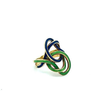 Antique 14 Karat Yellow Gold Guilloché Green and Blue Enamel Ring