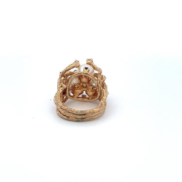 Retro Brutalist 14 Karat Gold Triple Pearl, Diamond, and Sapphire Cocktail Ring