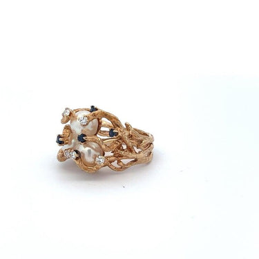 Retro Brutalist 14 Karat Gold Triple Pearl, Diamond, and Sapphire Cocktail Ring