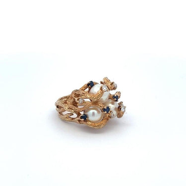 Retro Brutalist 14 Karat Gold Triple Pearl, Diamond, and Sapphire Cocktail Ring