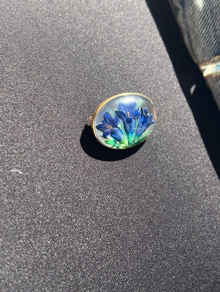Vintage 14 Karat Gold Flower Reverse Painting Intaglio Essex Crystal Brooch Pin