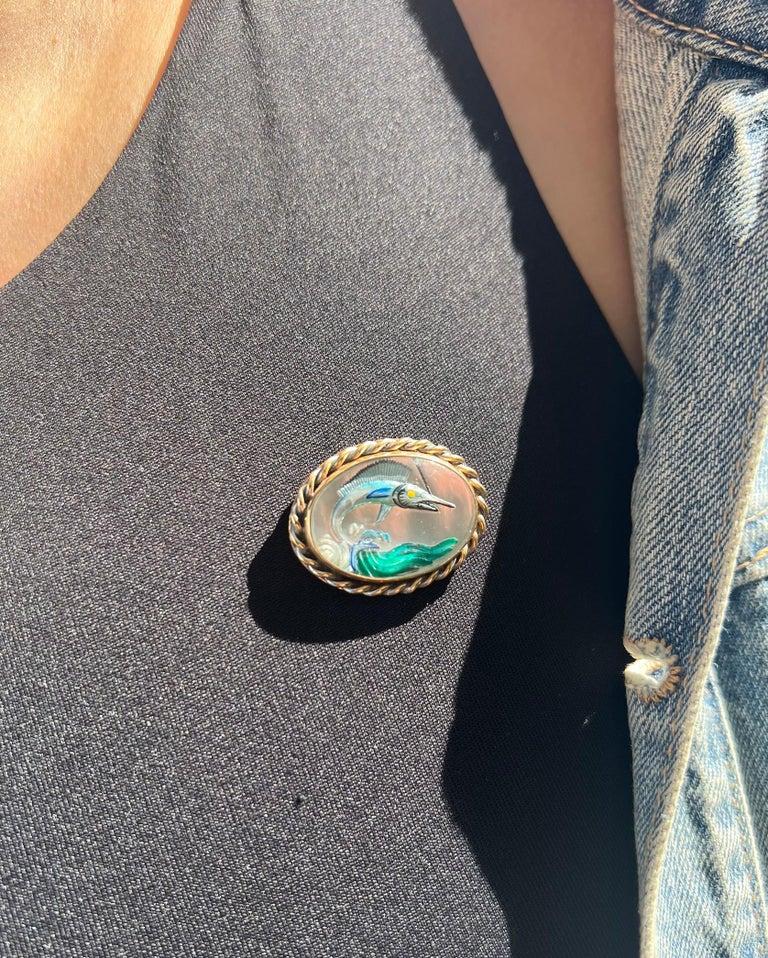 Vintage 14 Karat Yellow Gold Marlin Reverse Painting Intaglio Crystal Brooch Pin