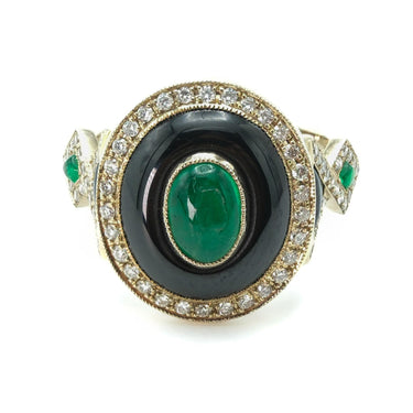 Contemporary 18 Karat Yellow Gold Emerald, Diamond and Onyx Ring