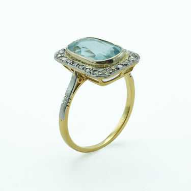 Victorian Platinum and 14 Karat Gold Aquamarine Ring with Diamonds