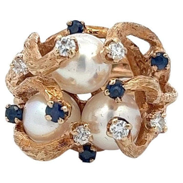 Retro Brutalist 14 Karat Gold Triple Pearl, Diamond, and Sapphire Cocktail Ring