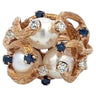 Retro Brutalist 14 Karat Gold Triple Pearl, Diamond, and Sapphire Cocktail Ring
