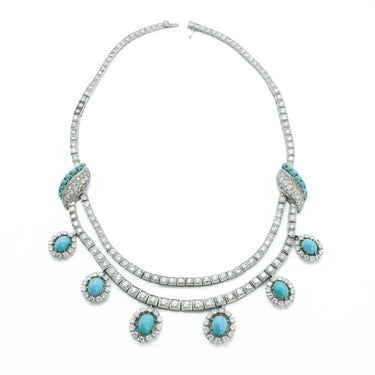 French Art Deco c1930s Platinum with Persian Turquoise Multi Drop Necklace 22ctw