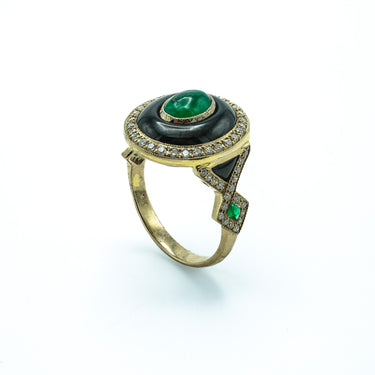 Contemporary 18 Karat Yellow Gold Emerald, Diamond and Onyx Ring