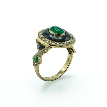 Contemporary 18 Karat Yellow Gold Emerald, Diamond and Onyx Ring